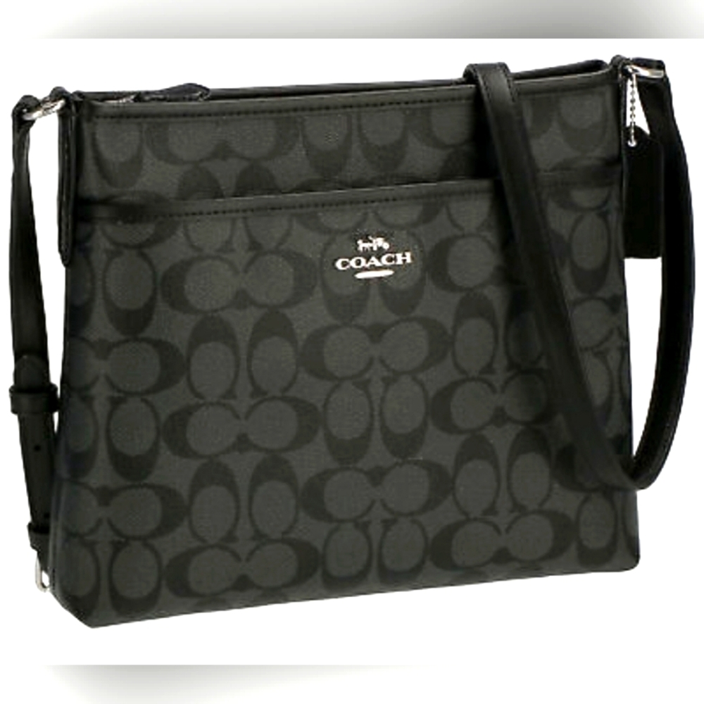 Coach SVDK6 File Black Signature Print Leather Zipper Crossbody Bag purse